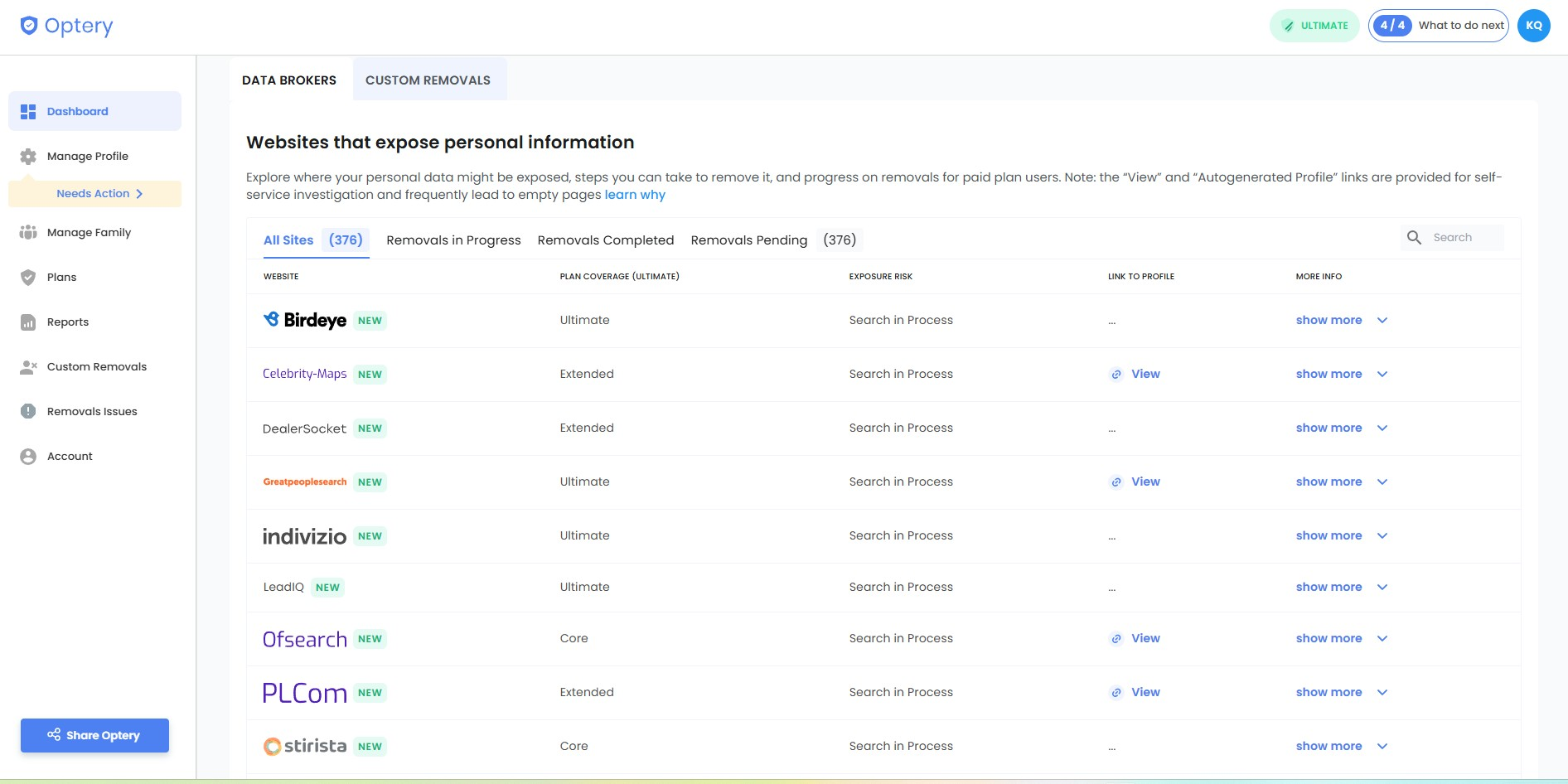 Optery Ultimate dashboard in progress removals