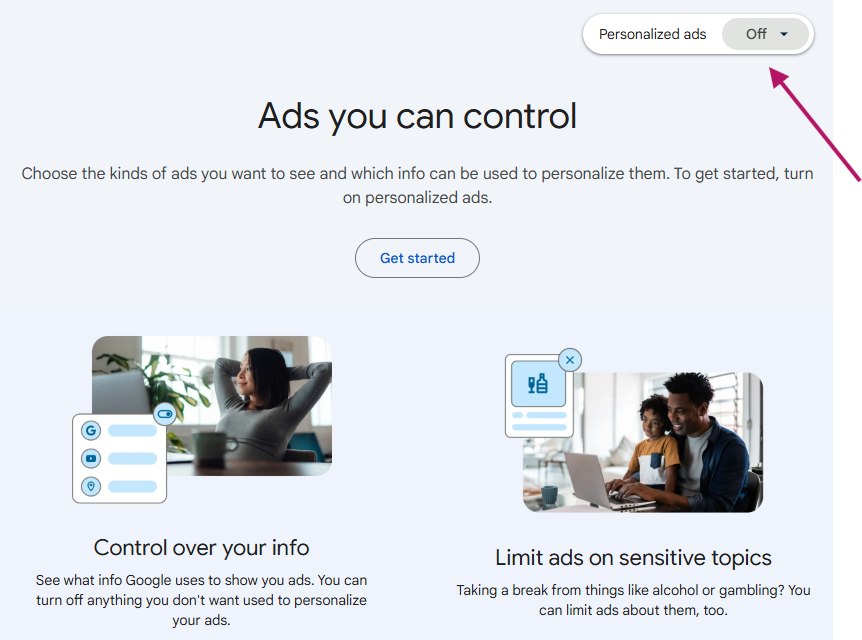 Toggle off Personalized ads in Google My Ad Center