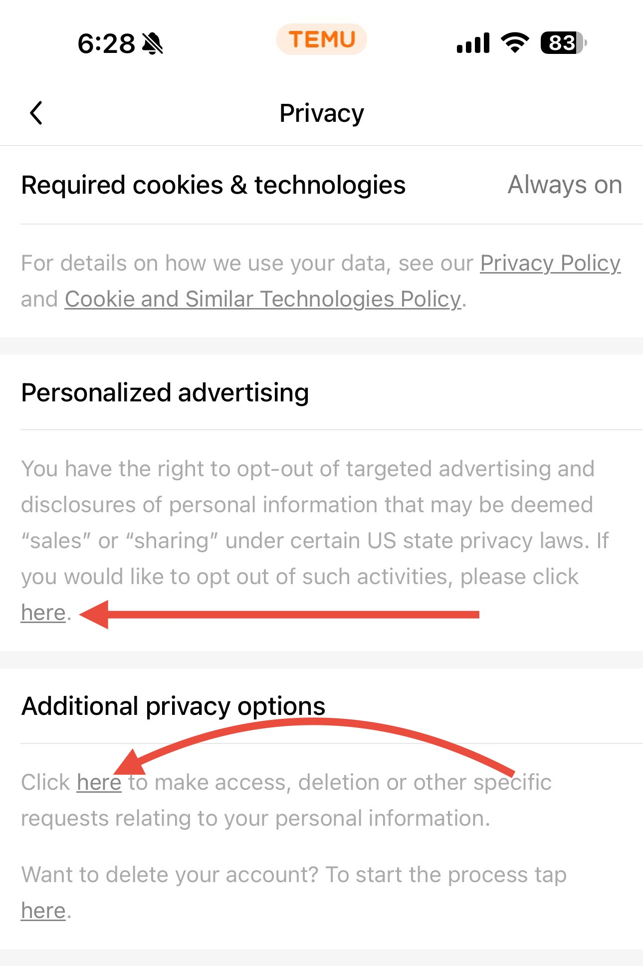Disable personalized ads in Temu app