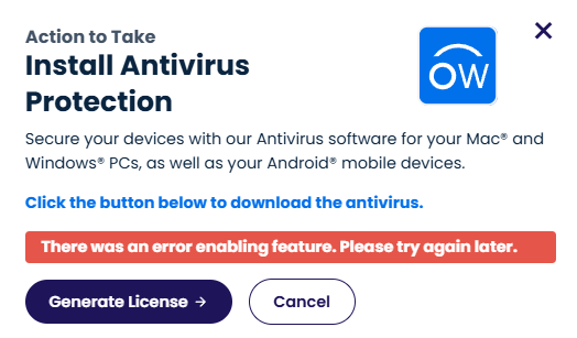OmniWatch prompt to install antivirus protection mentioning 