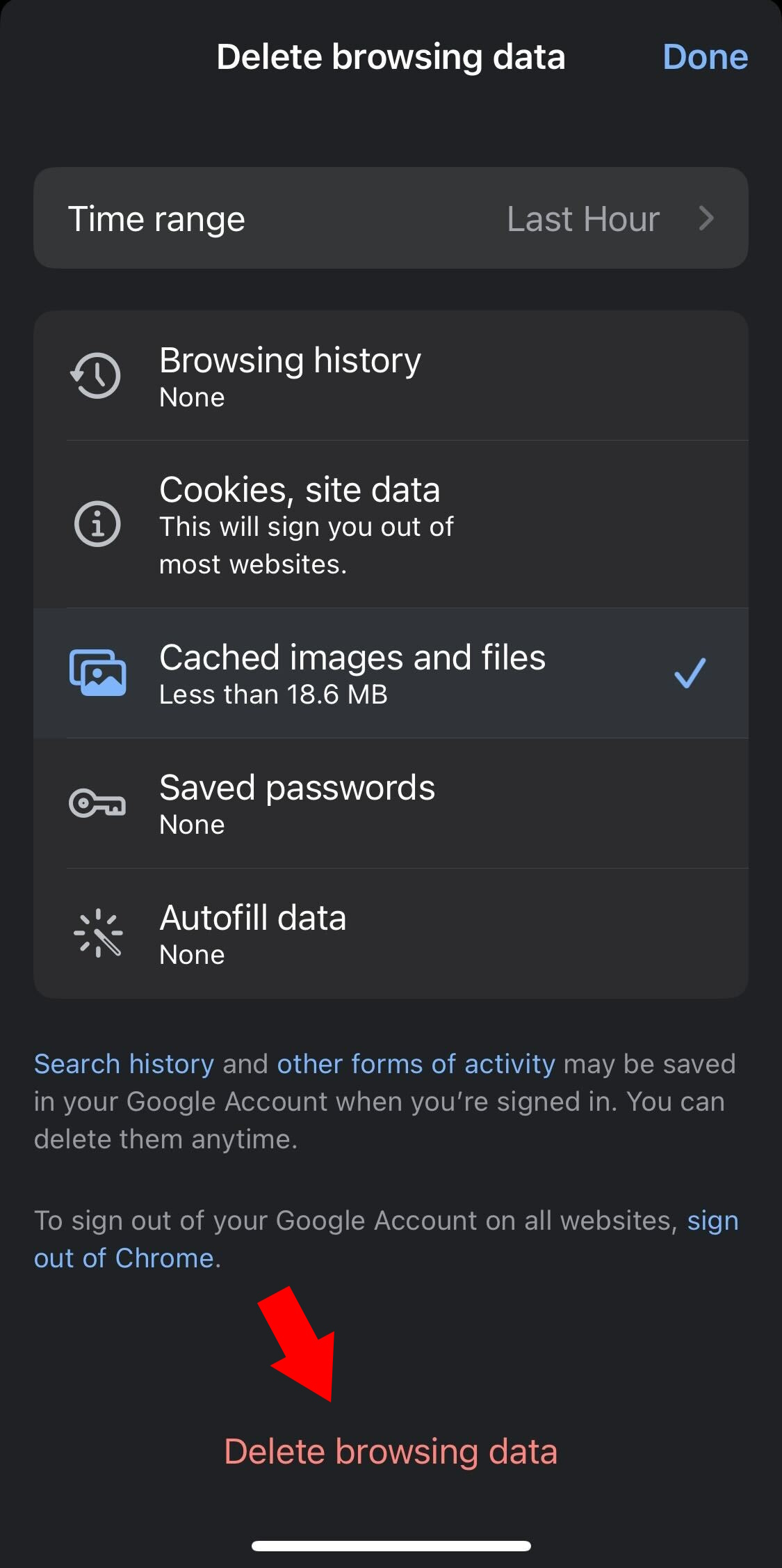 Delete browsing data in Chrome on iOS device