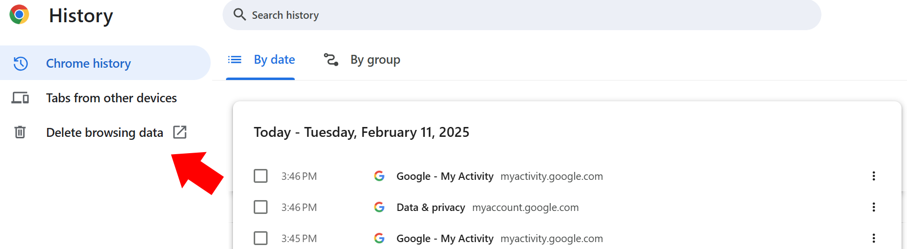 Delete browsing data option in Google Chrome