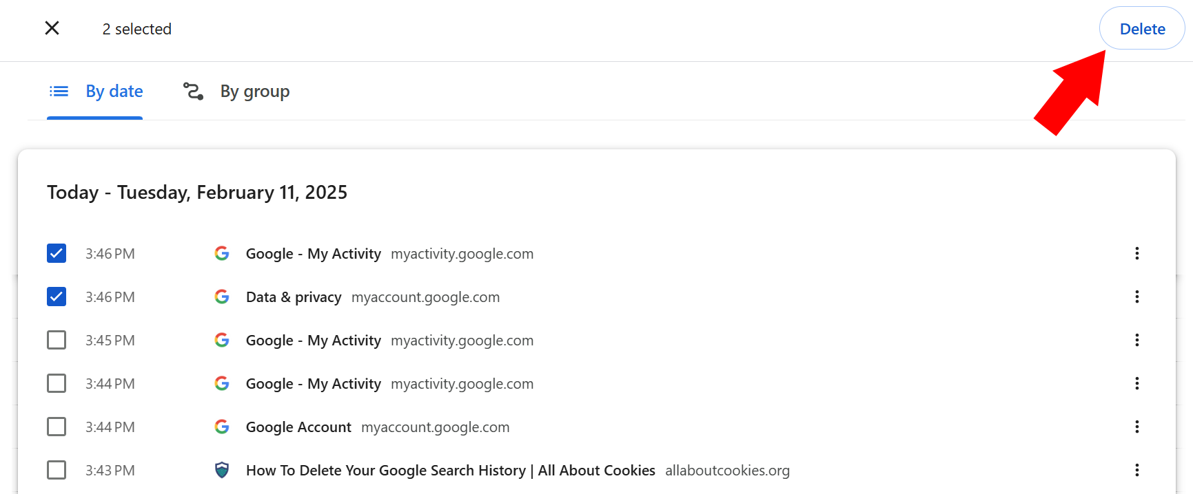 Delete button on Google's search history page