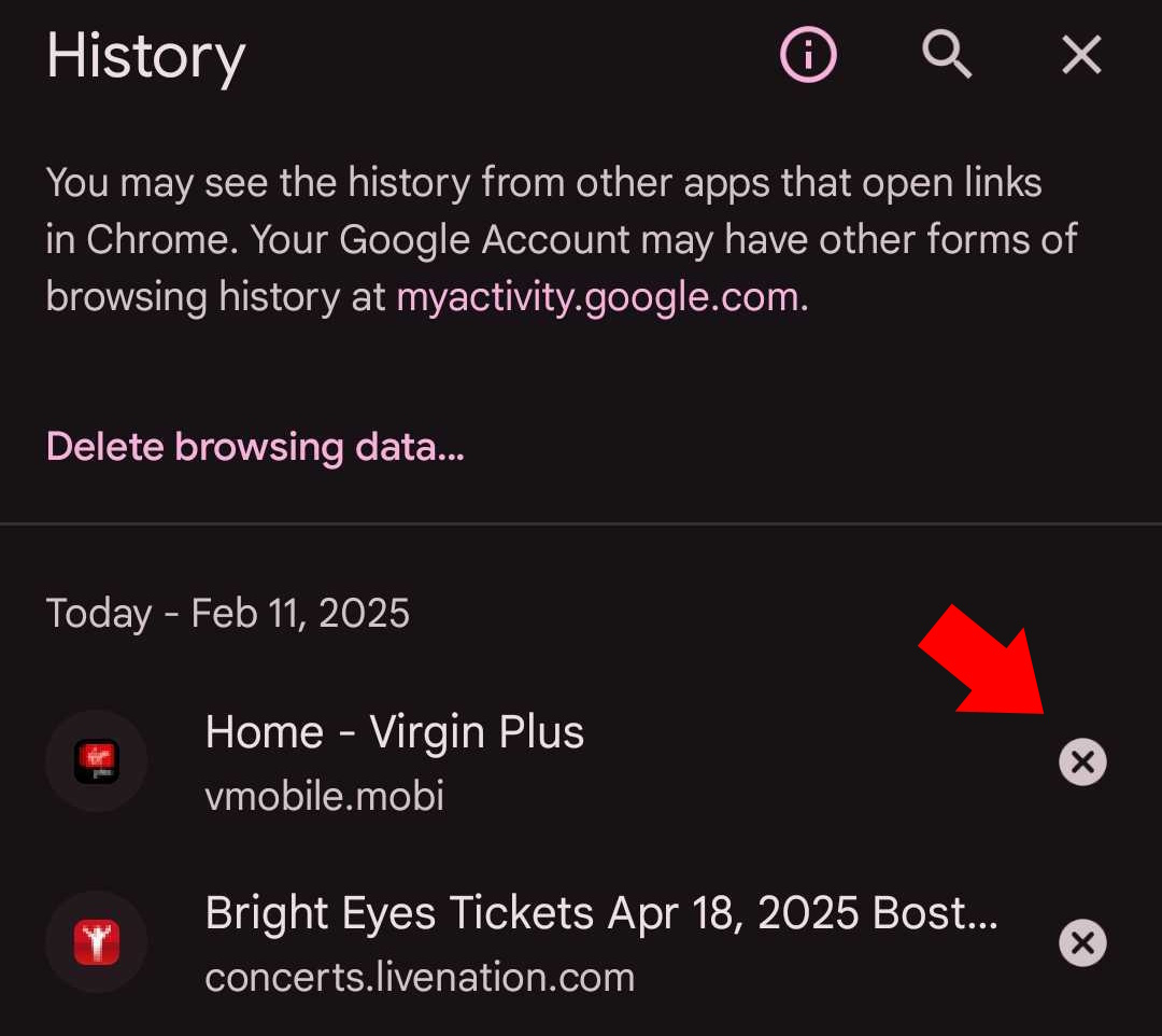 Delete button for specific site visits in Chrome on Android