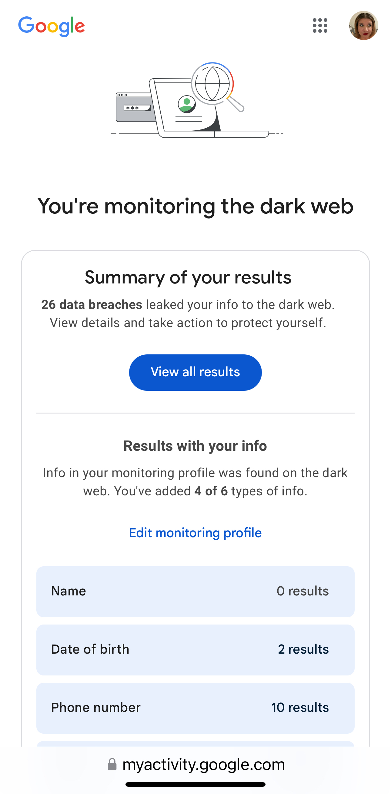 Google One free dark web scan results