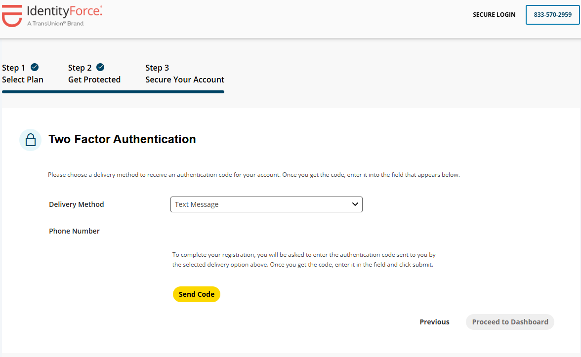 IdentityForce account setup on two-factor authentication page