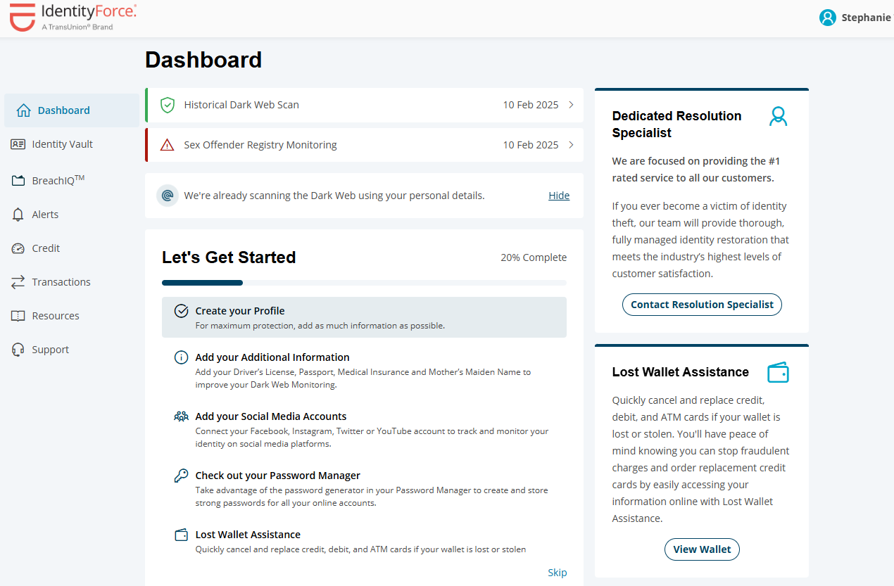 IdentityForce main dashboard with setup tasks list