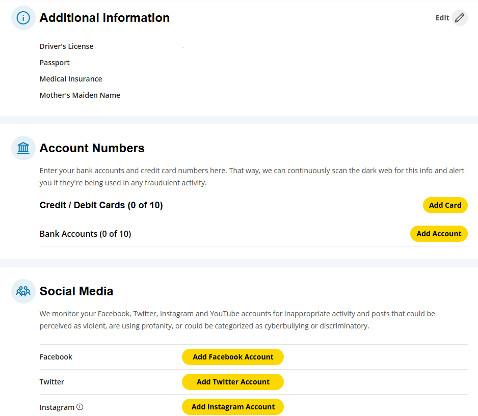 IdentityForce Identity Vault tab with sections to fill out additional info, account numbers, and social media
