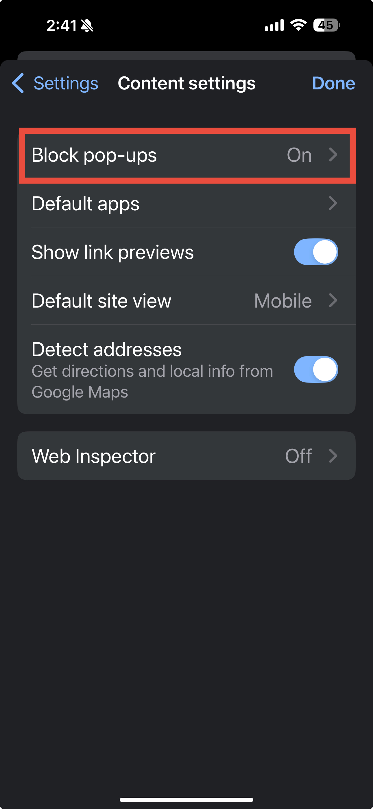 Disable or enable Chrome pop-ups on iPhone step 4