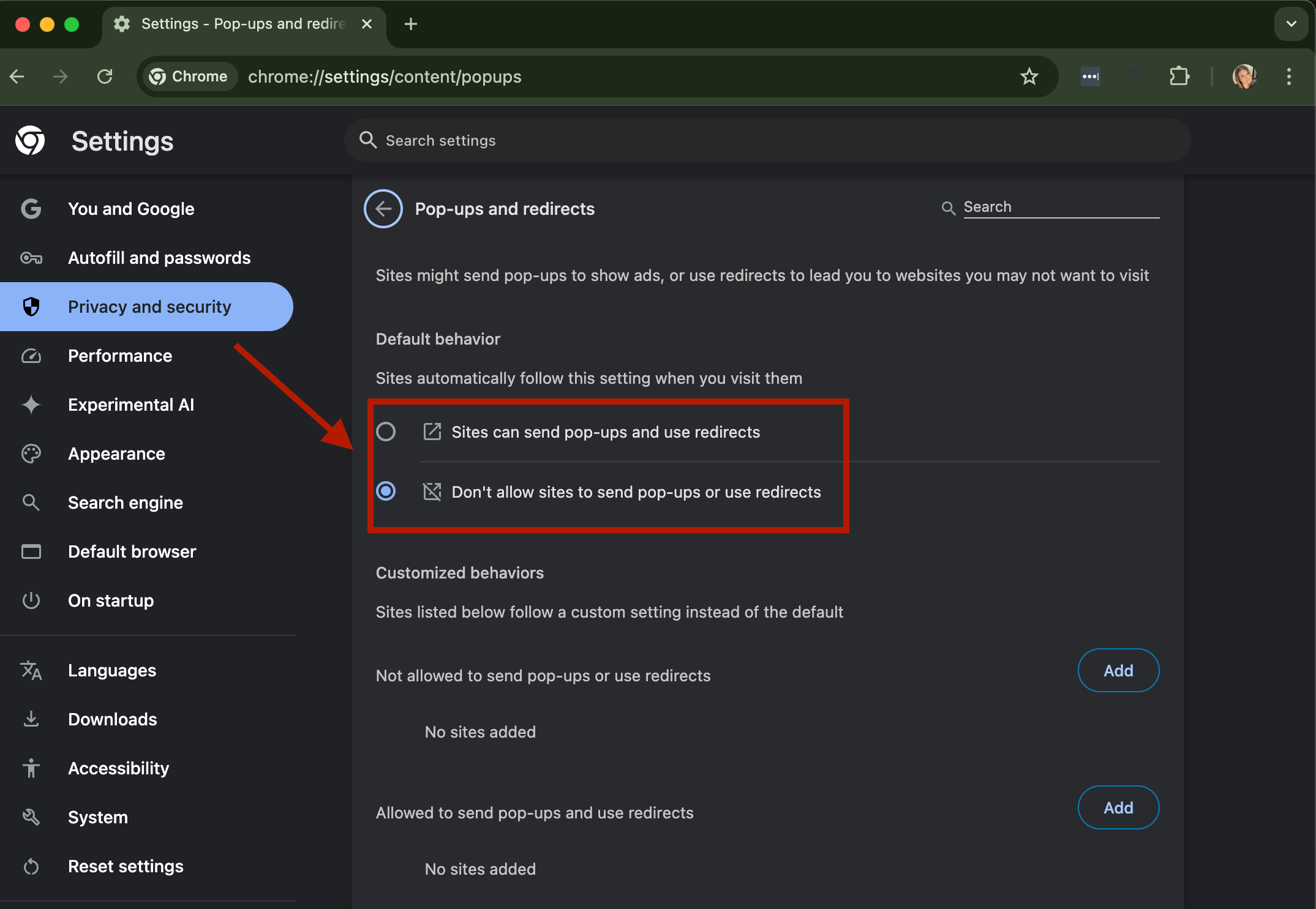 block or allow pop-ups on Chrome desktop browser step 4
