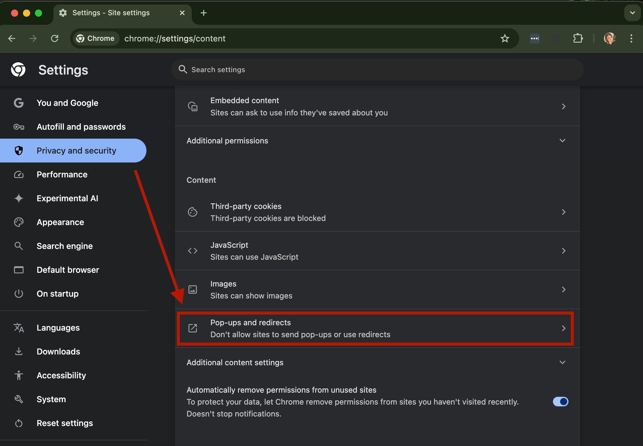 block or allow pop-ups on Chrome desktop browser step 3