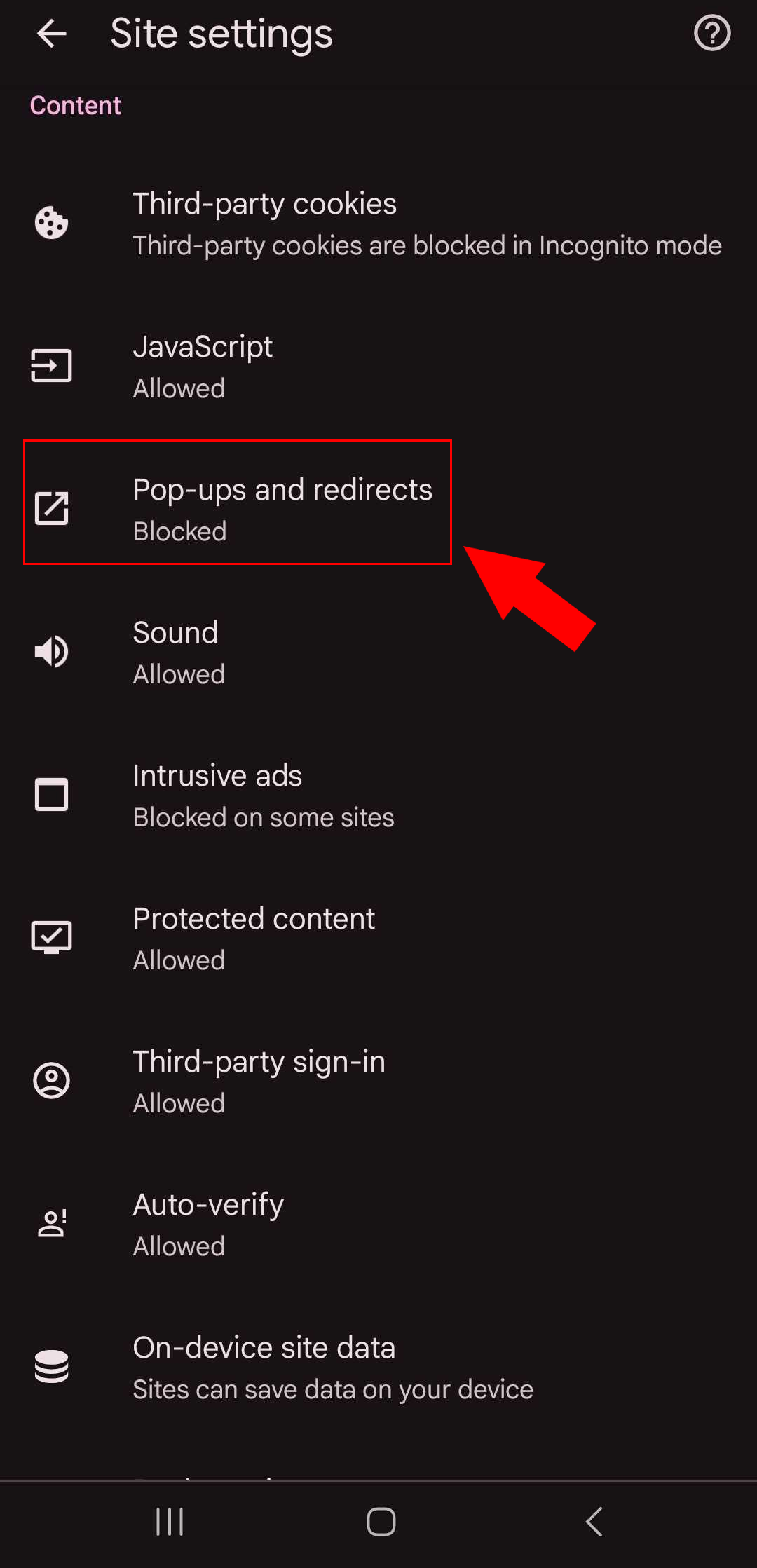 Disable or enable Chrome pop-ups on  Android step 5