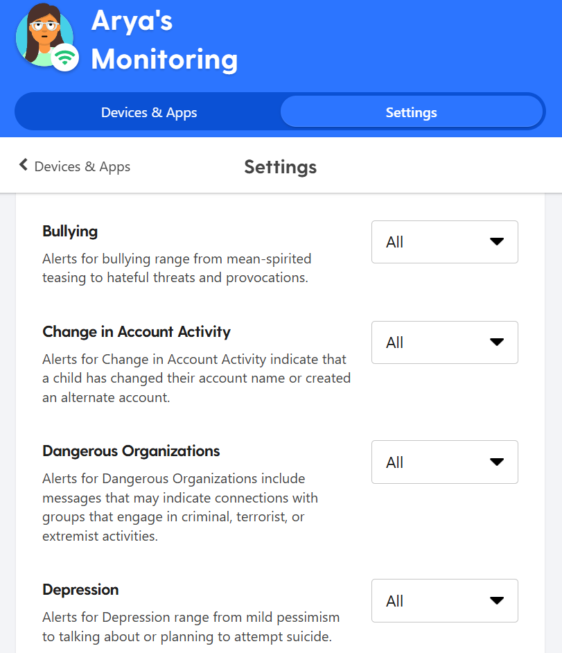 Bark desktop app list of content monitoring categories and settings
