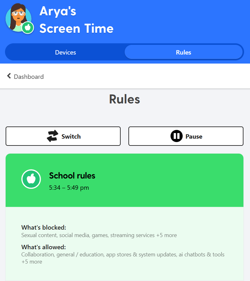 Bark page for Arya's Screen Time rules showing list of School rules