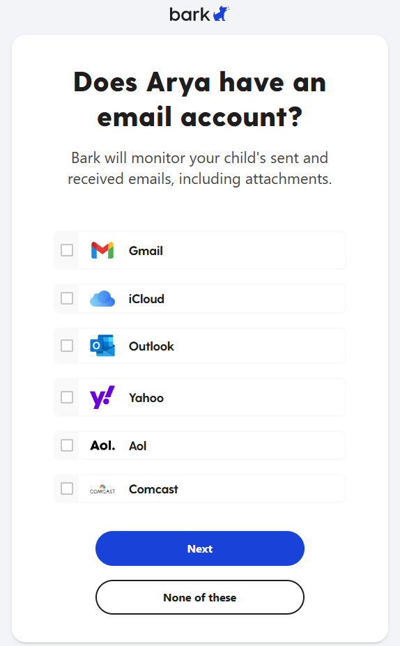Bark set up form asking if our child has an email account with list of options to check