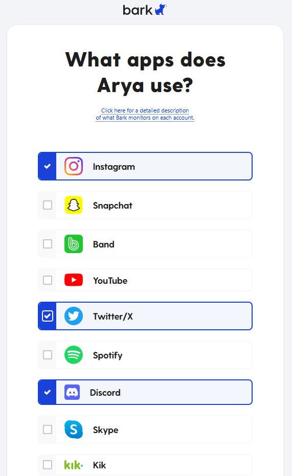 Bark set up form asking what apps our child uses