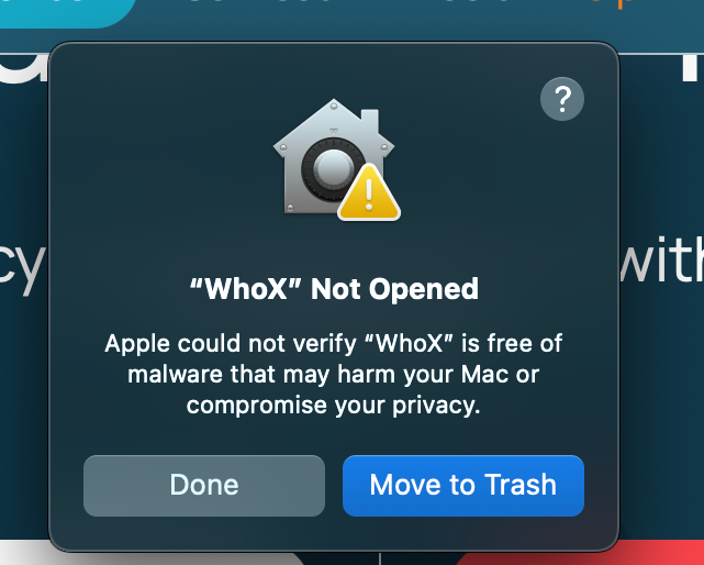 Whoer VPN flagged as potential malware on macOS for All About Cookies review