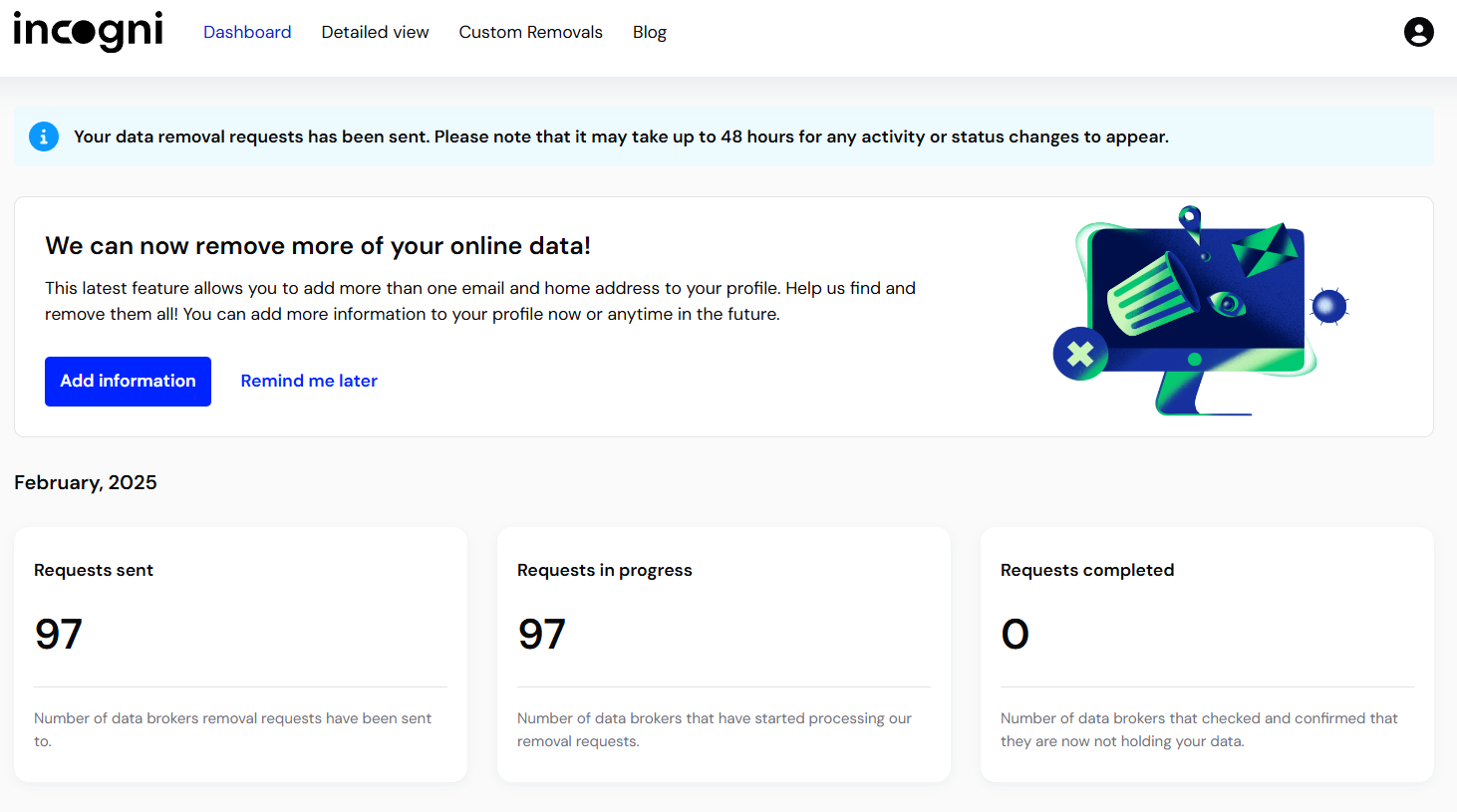 Incogni dashboard after first signing up