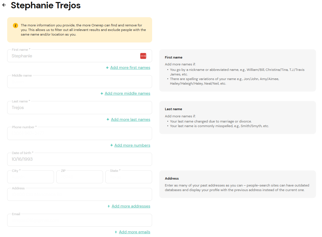 Onerep Edit your info tab 