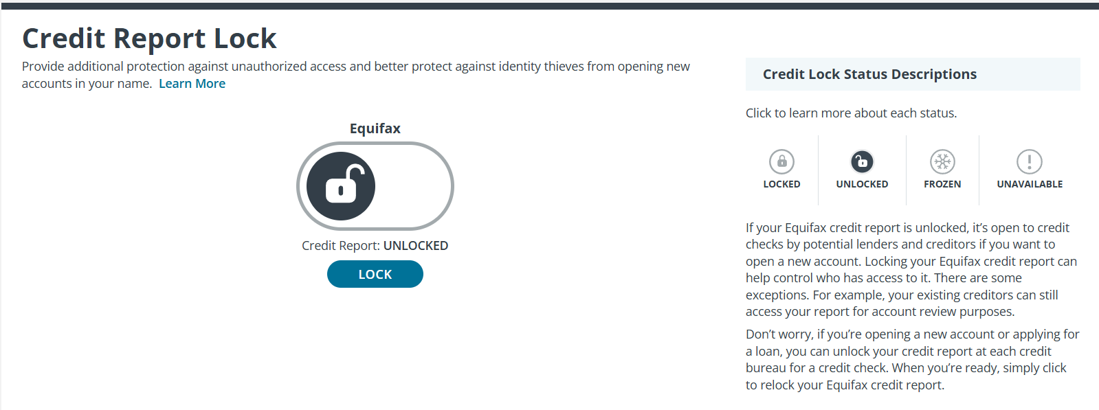 ID Watchdog Credit Report Lock section of Credit tab