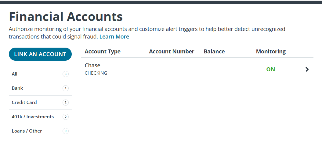 Identity Watchdog open on financial tab (financial account monitoring)