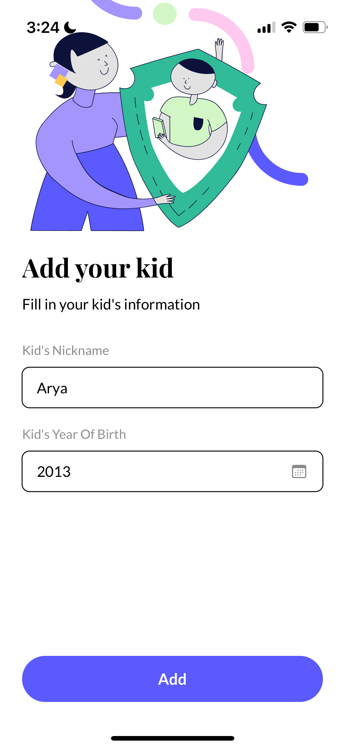 FamilyKeeper setup page (add your kid's information)