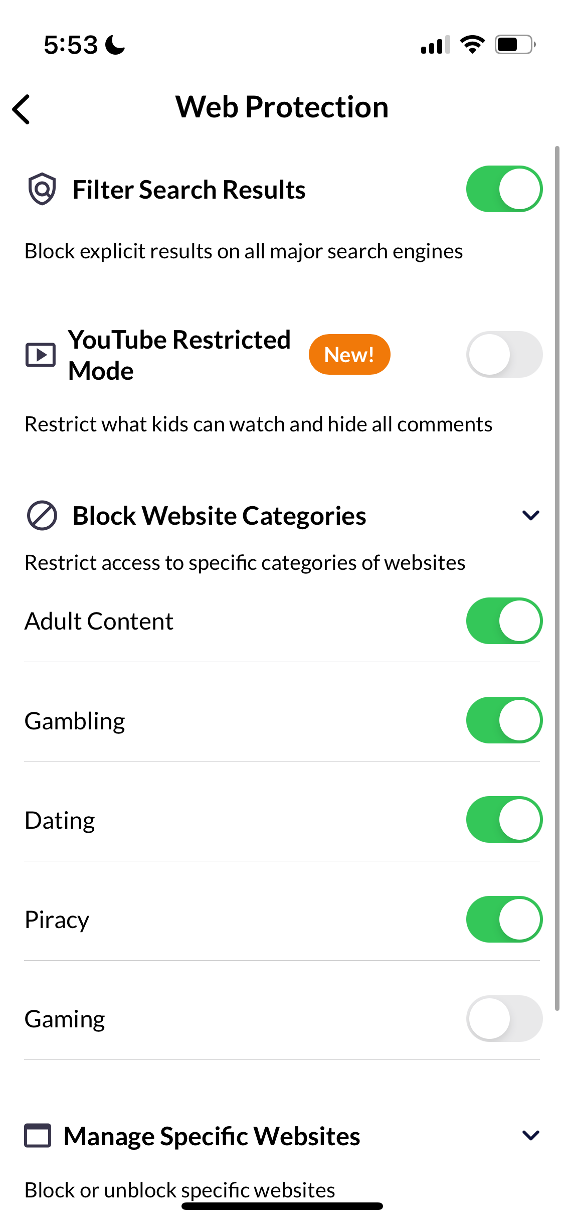 FamilyKeeper web protection tab