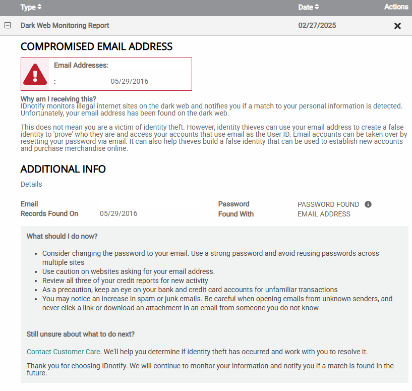 IDnotify alert for a compromised email address on the dark web