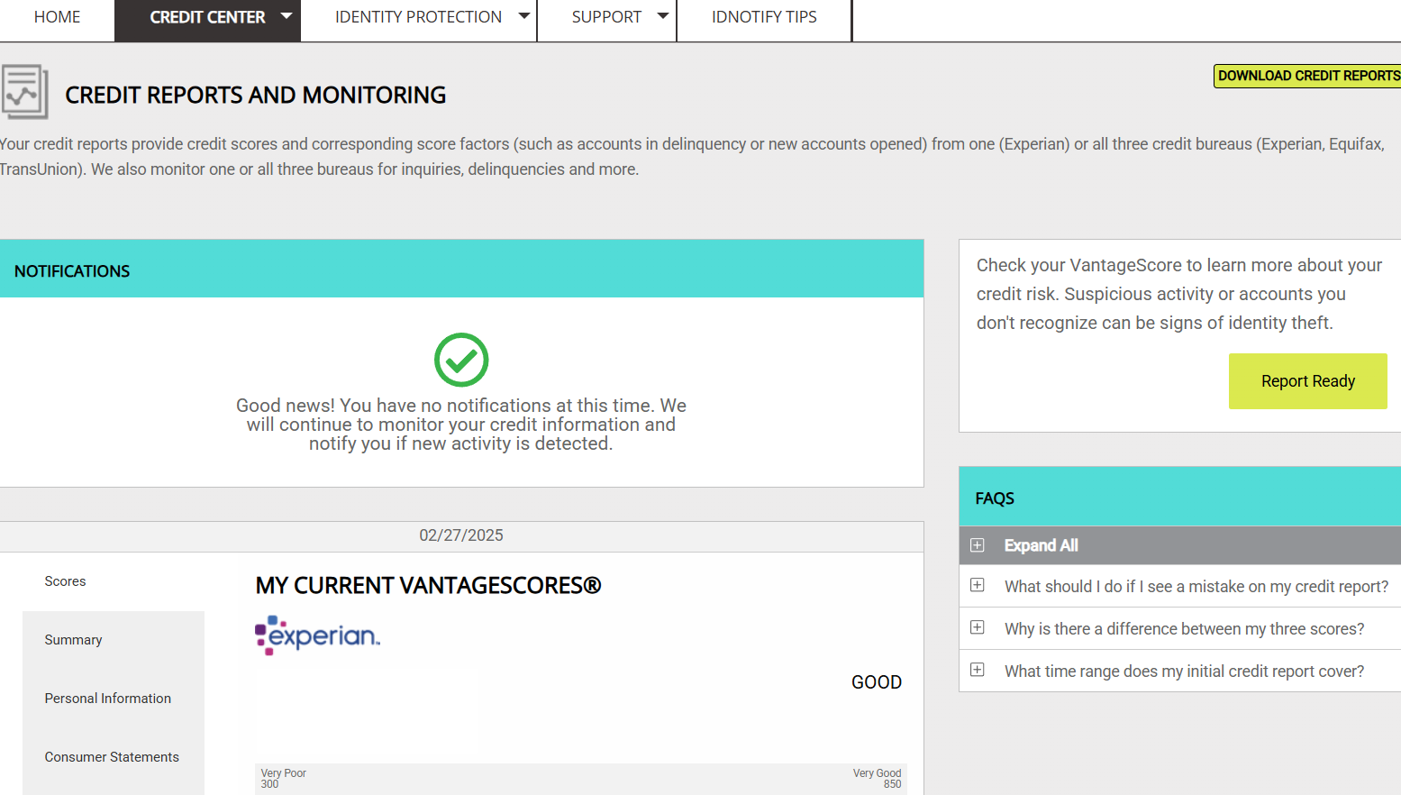 IDnotify credit reports and monitoring page