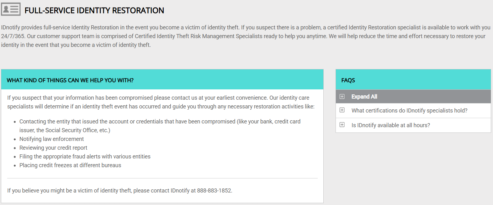 IDnotify full-service identity restoration tab
