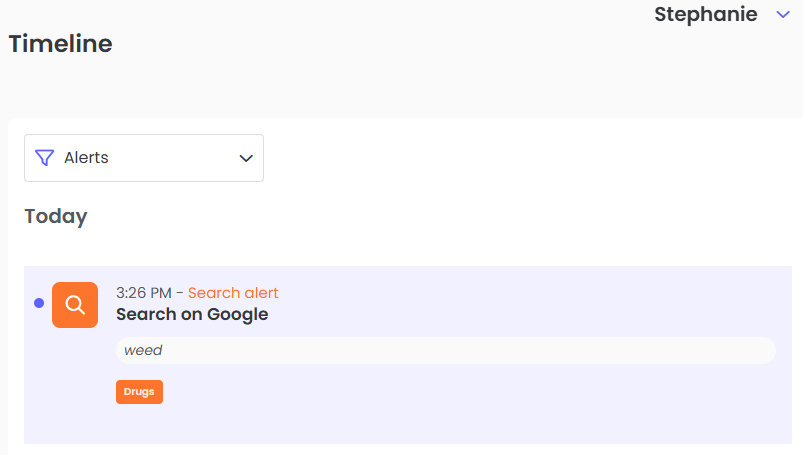 Qustodio timeline of web searches