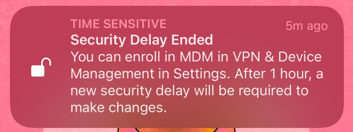 Pop-up indicating that the security delay has ended, so we enroll in MDM in VPN & Device Management on our iPhone