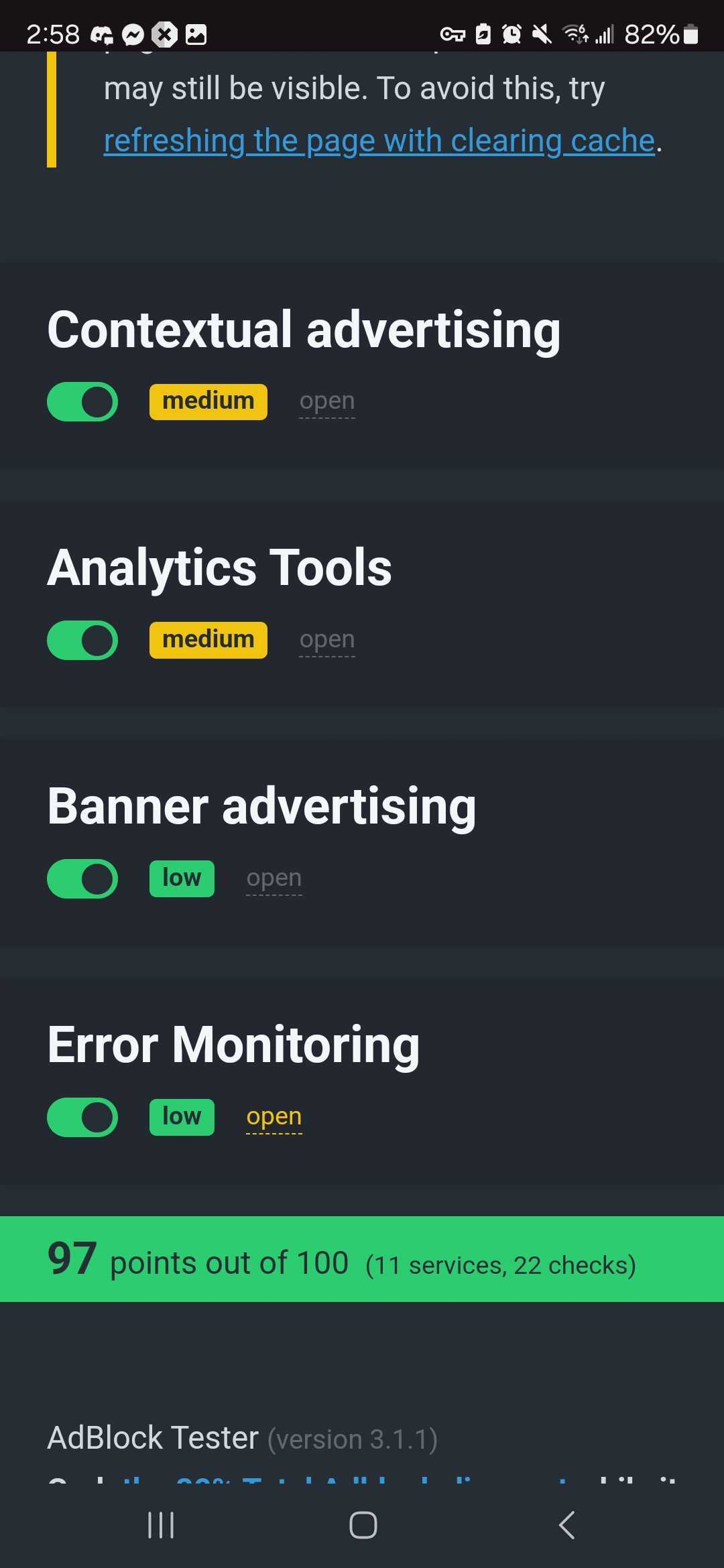 Total Adblock's AdBlock Tester results on Android (97/100). 