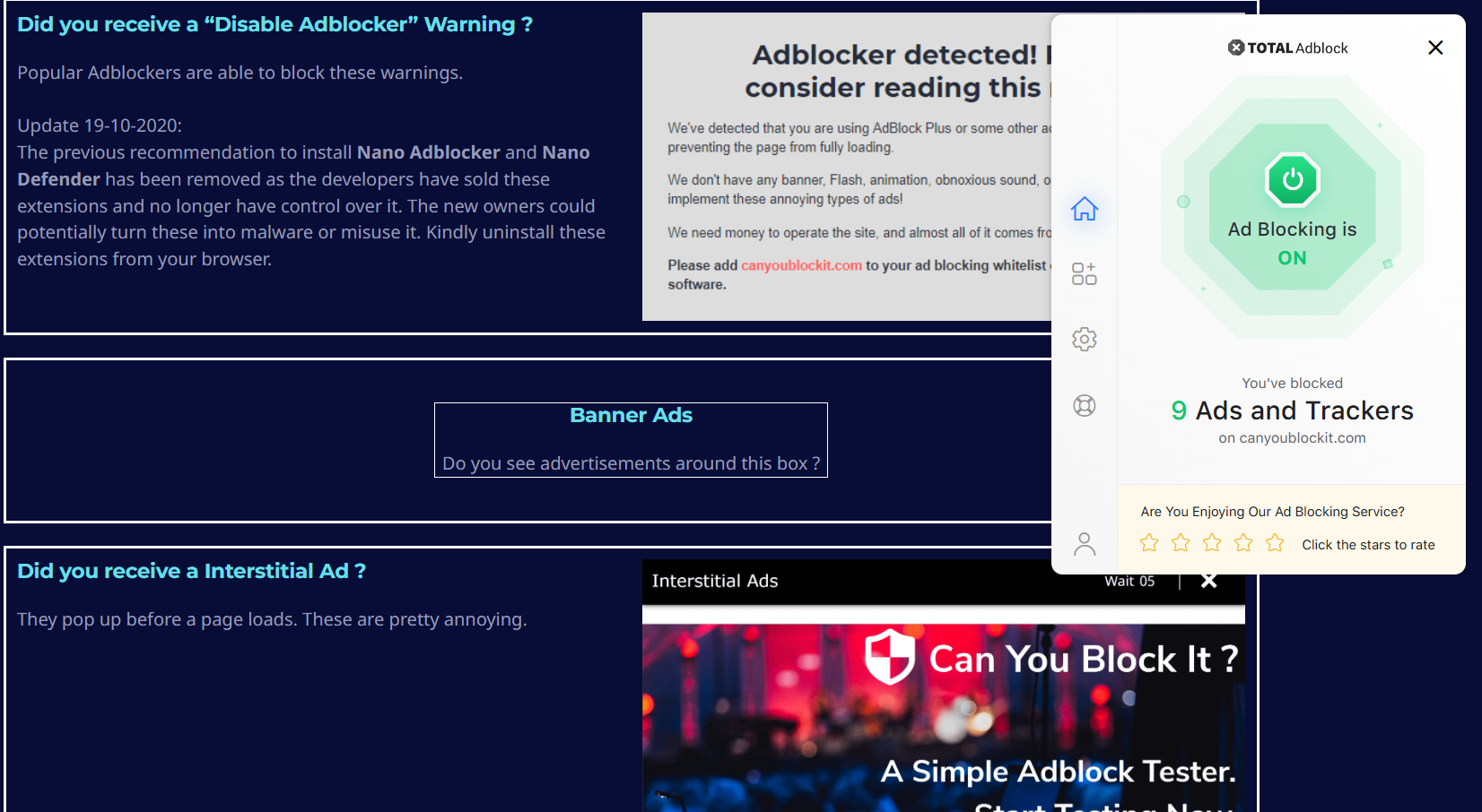 Total adblock's Can You Block It results.