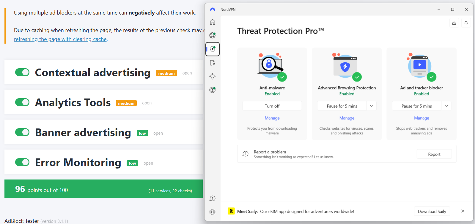 NordVPN Threat Protection Pro AdBlock Tester results (96/100)