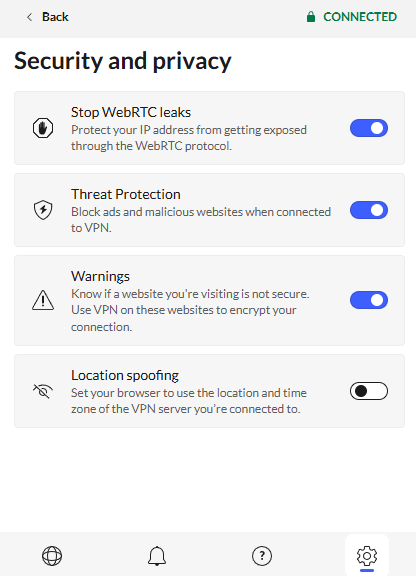NordVPN browser extension open on security and privacy tab