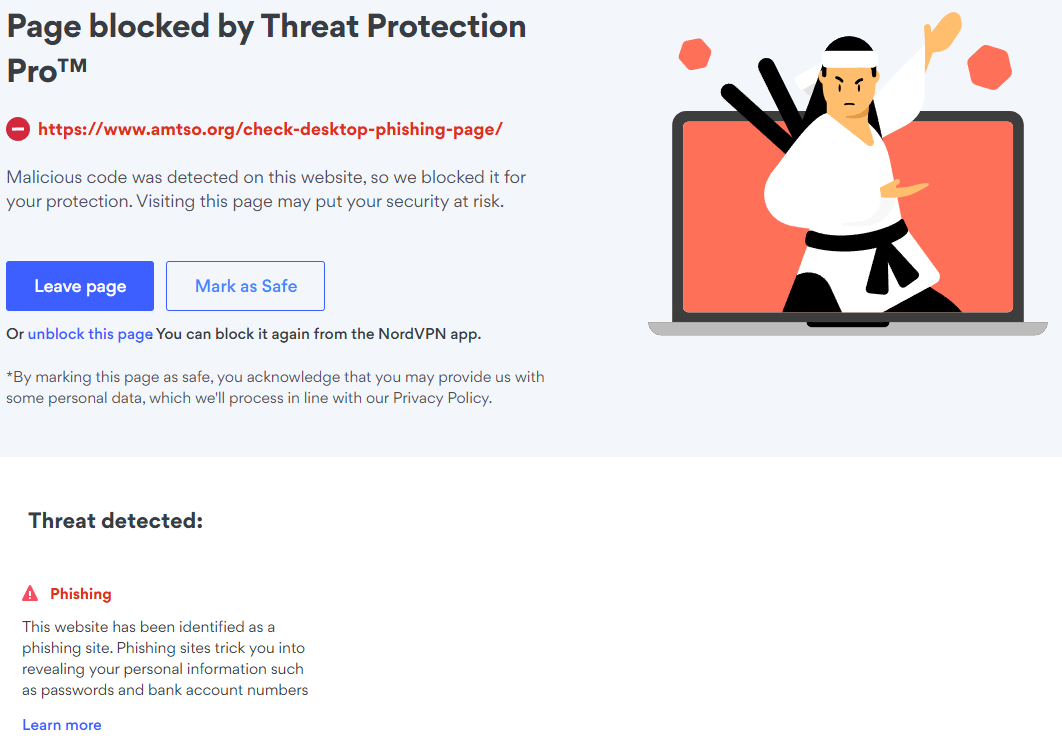 Threat Protection Pro block and warning about a phishing page