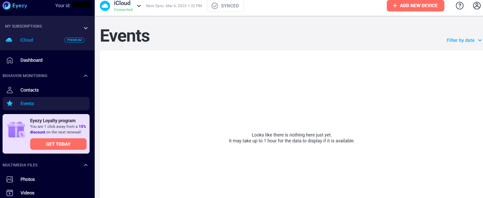 Eyezy dashboard open on events tab (nothing here yet)