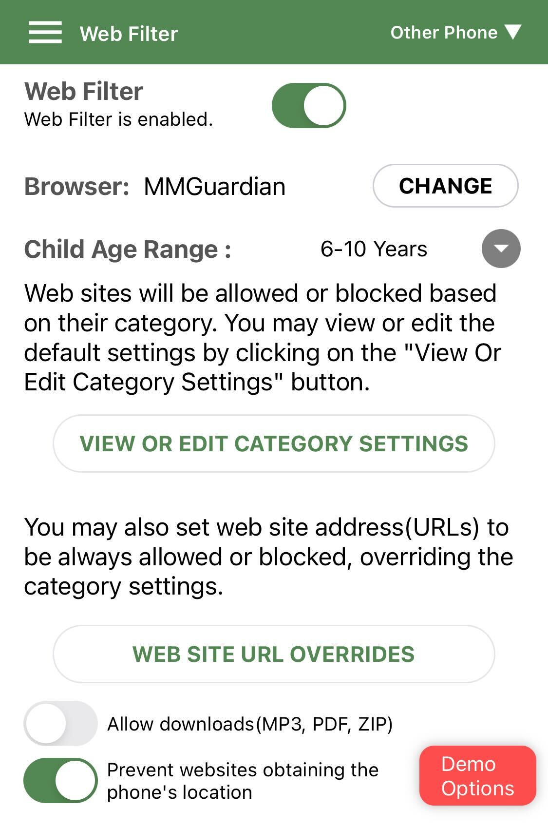 MMGuardian web filtering settings