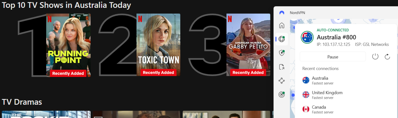 Netflix list of top shows in the Australia today with NordVPN in the foreground