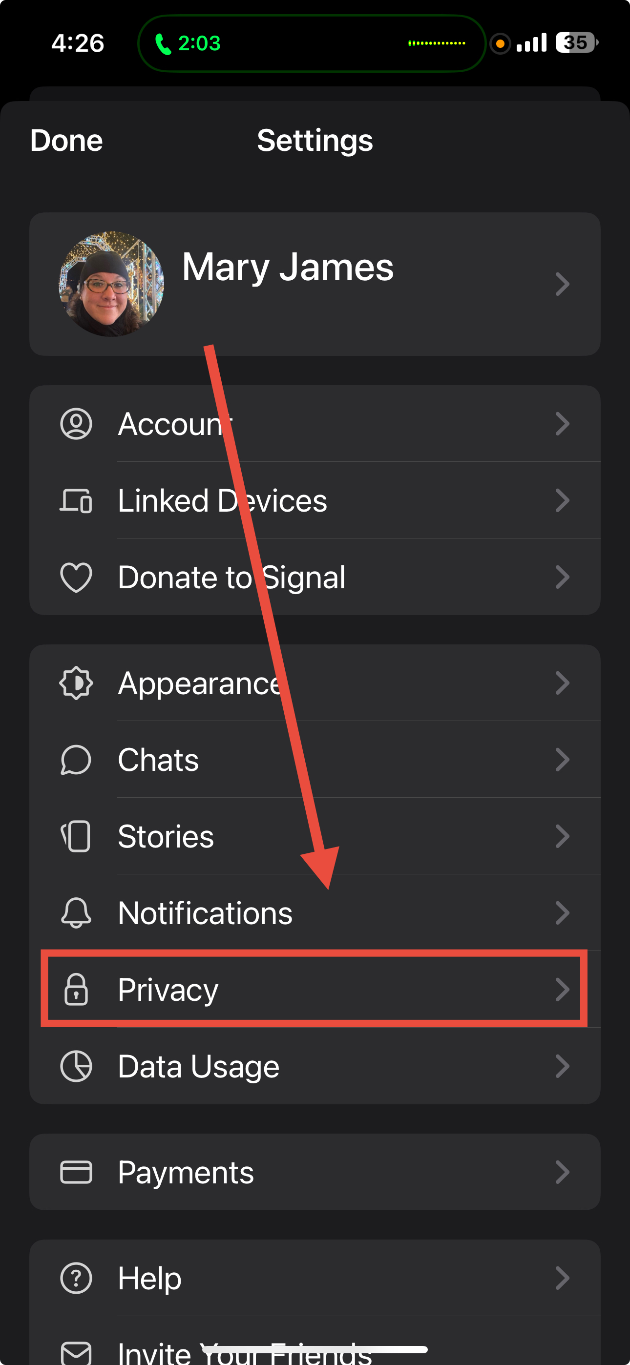 Signal app Privacy settings