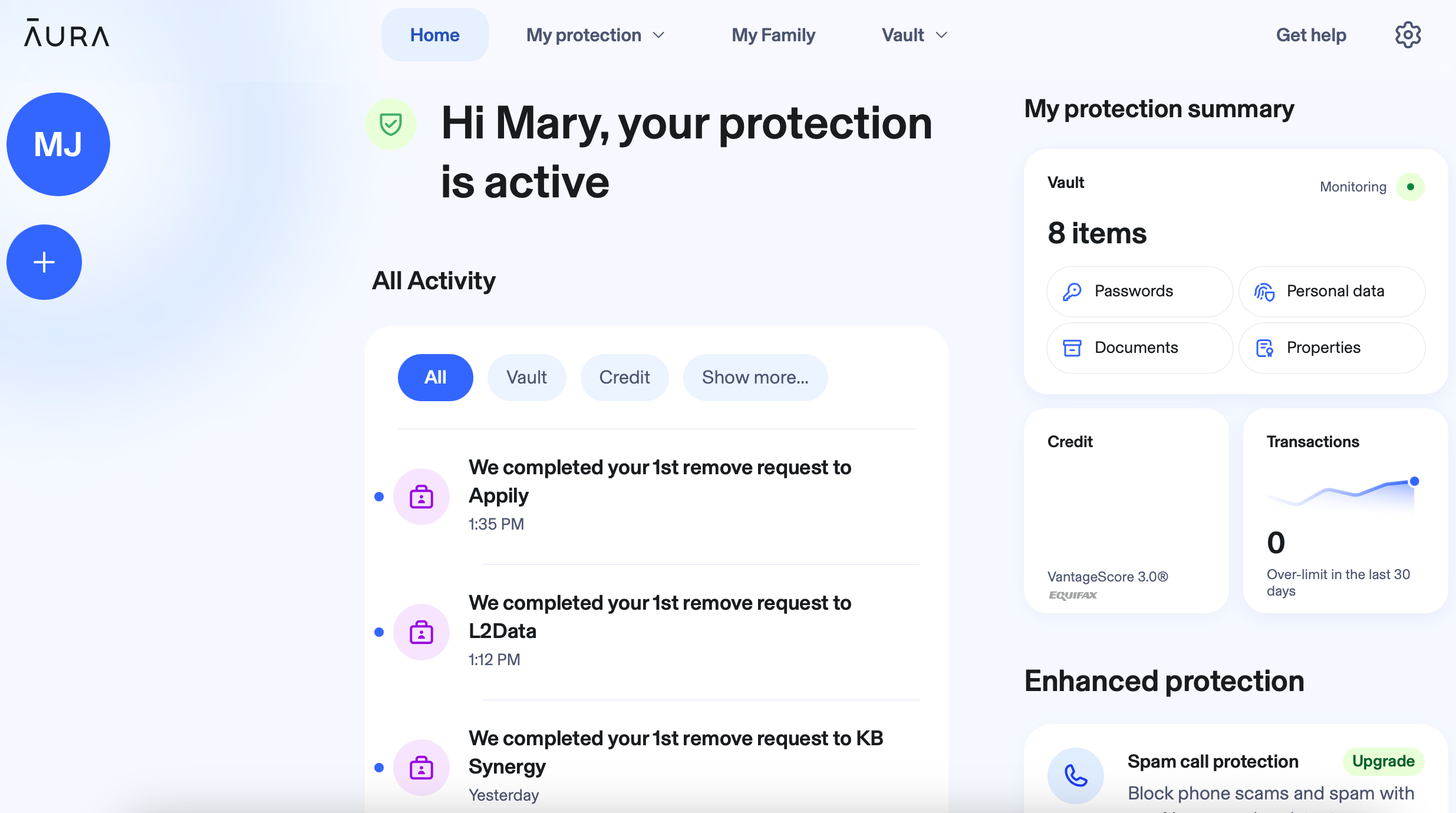 Aura main dashboard