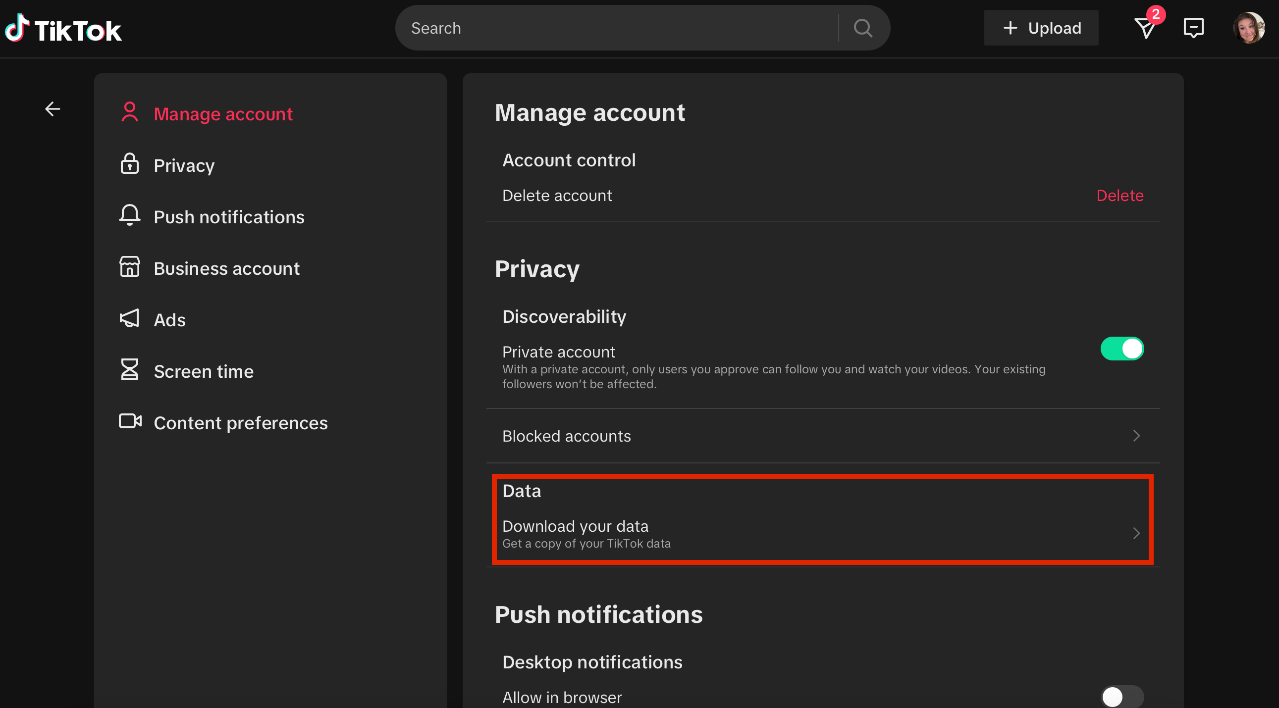 Delete TikTok on browser step 3