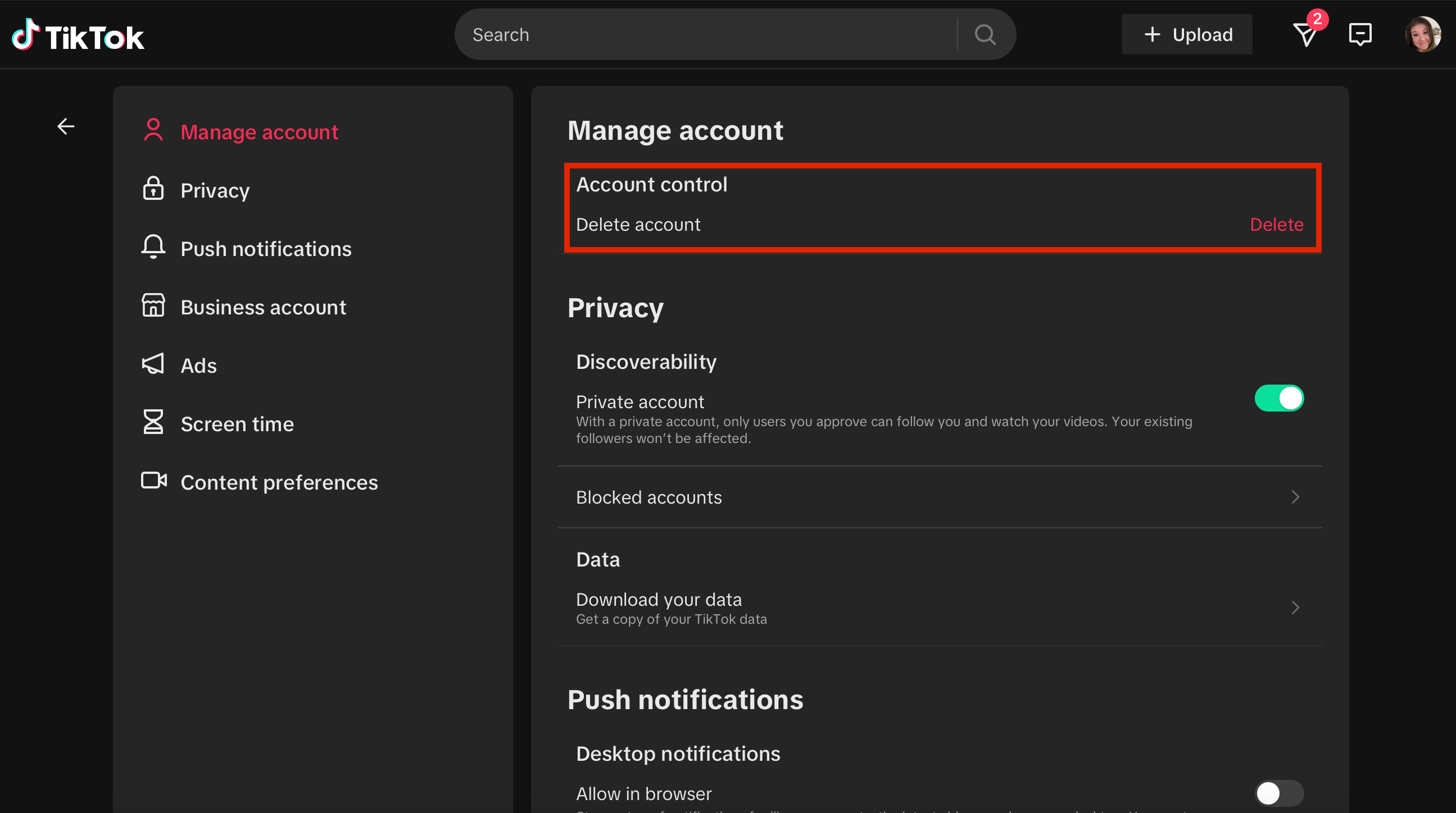 Delete TikTok on browser step 4