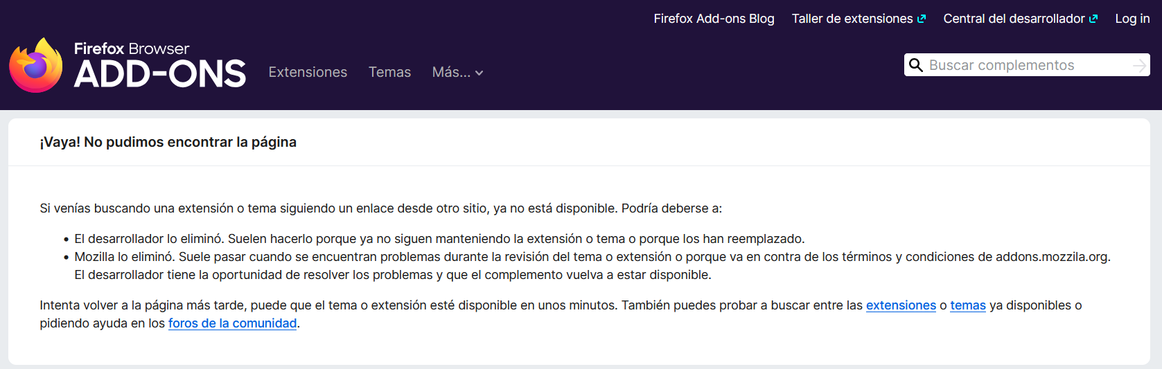Firefox add-ons no page found error in Spanish