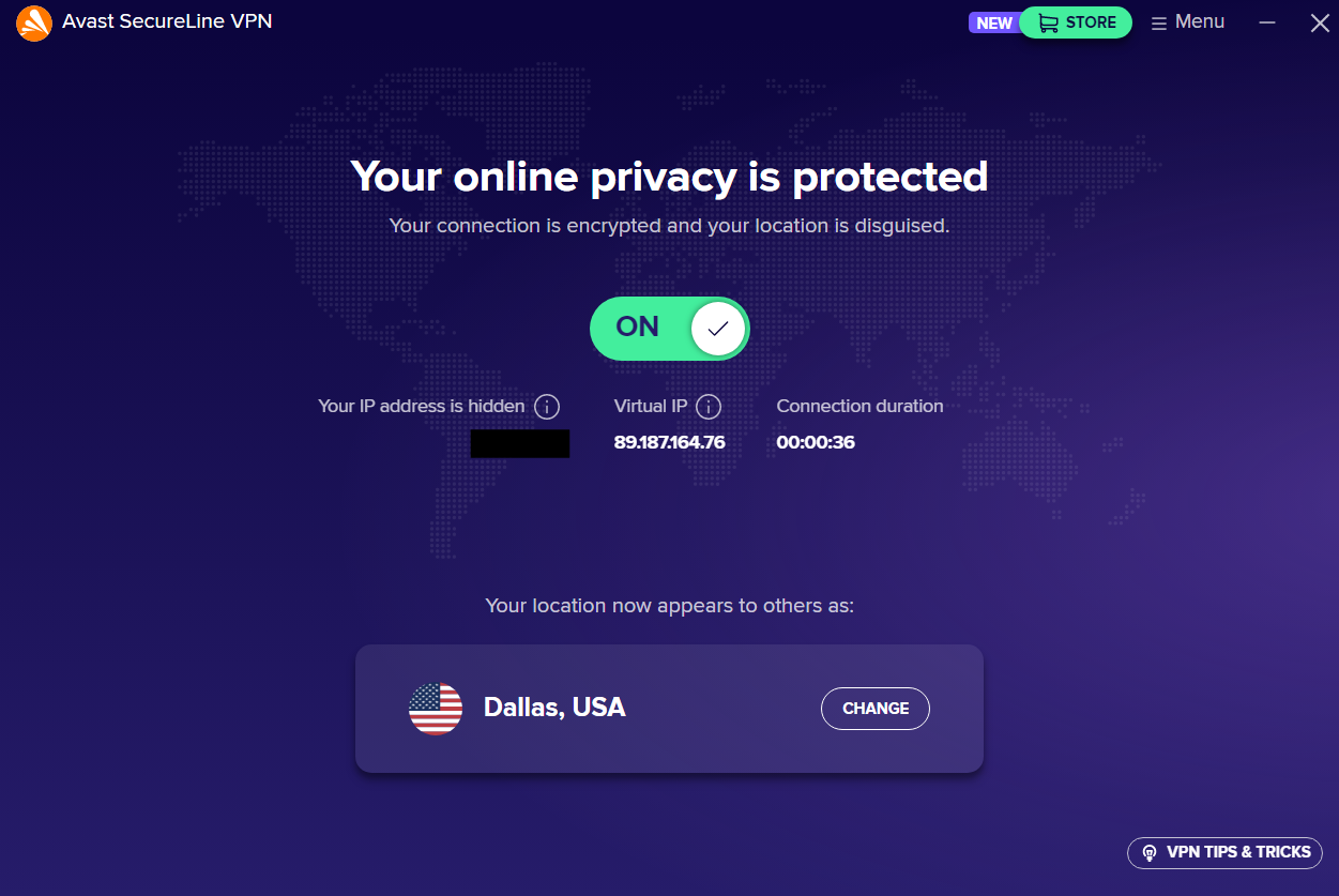 Avast SecureLine VPN's dashboard 