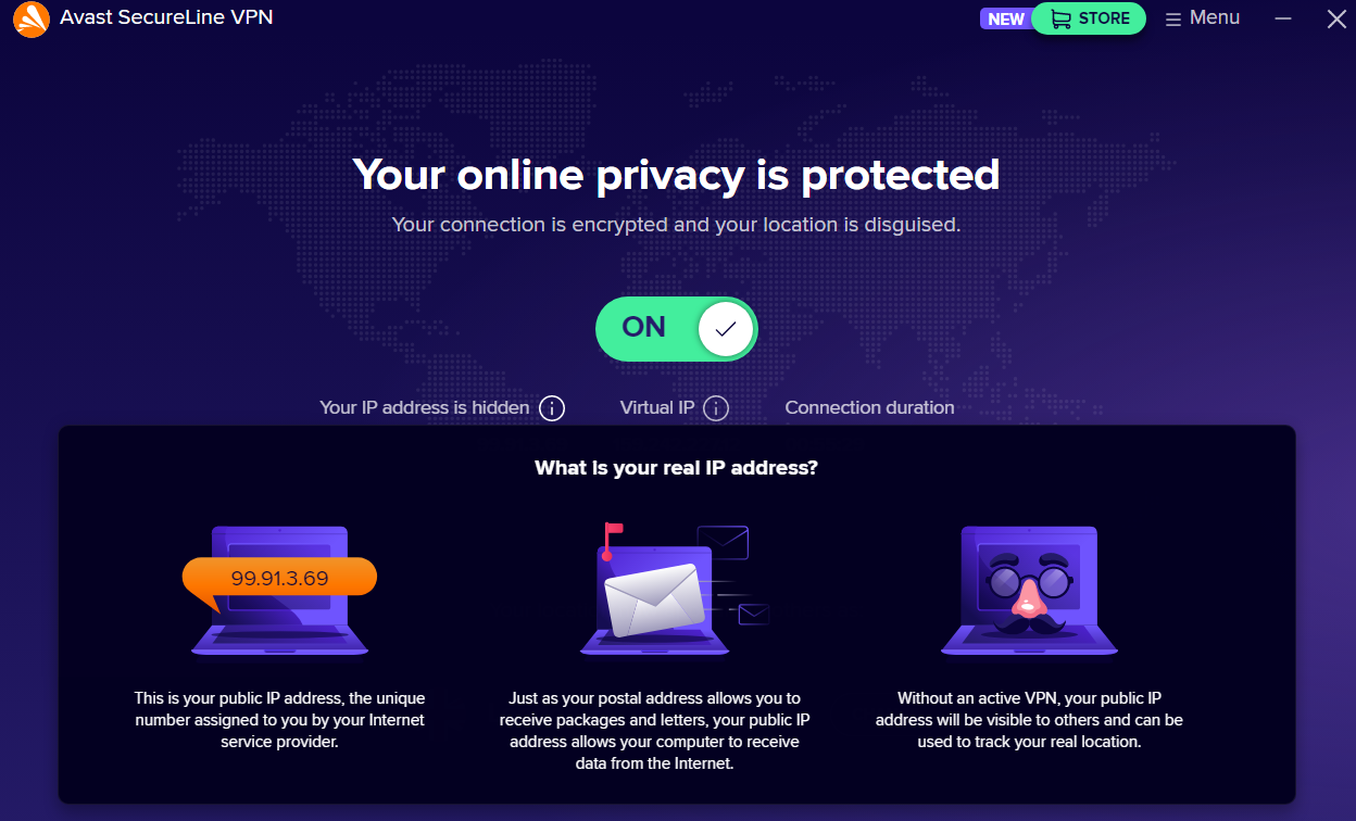 Avast SecureLine VPN's dashboard with an info pop-up explaining IP addresses
