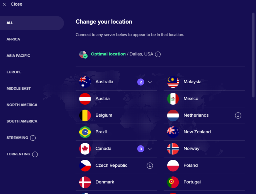 Avast SecureLine VPN's server list tab
