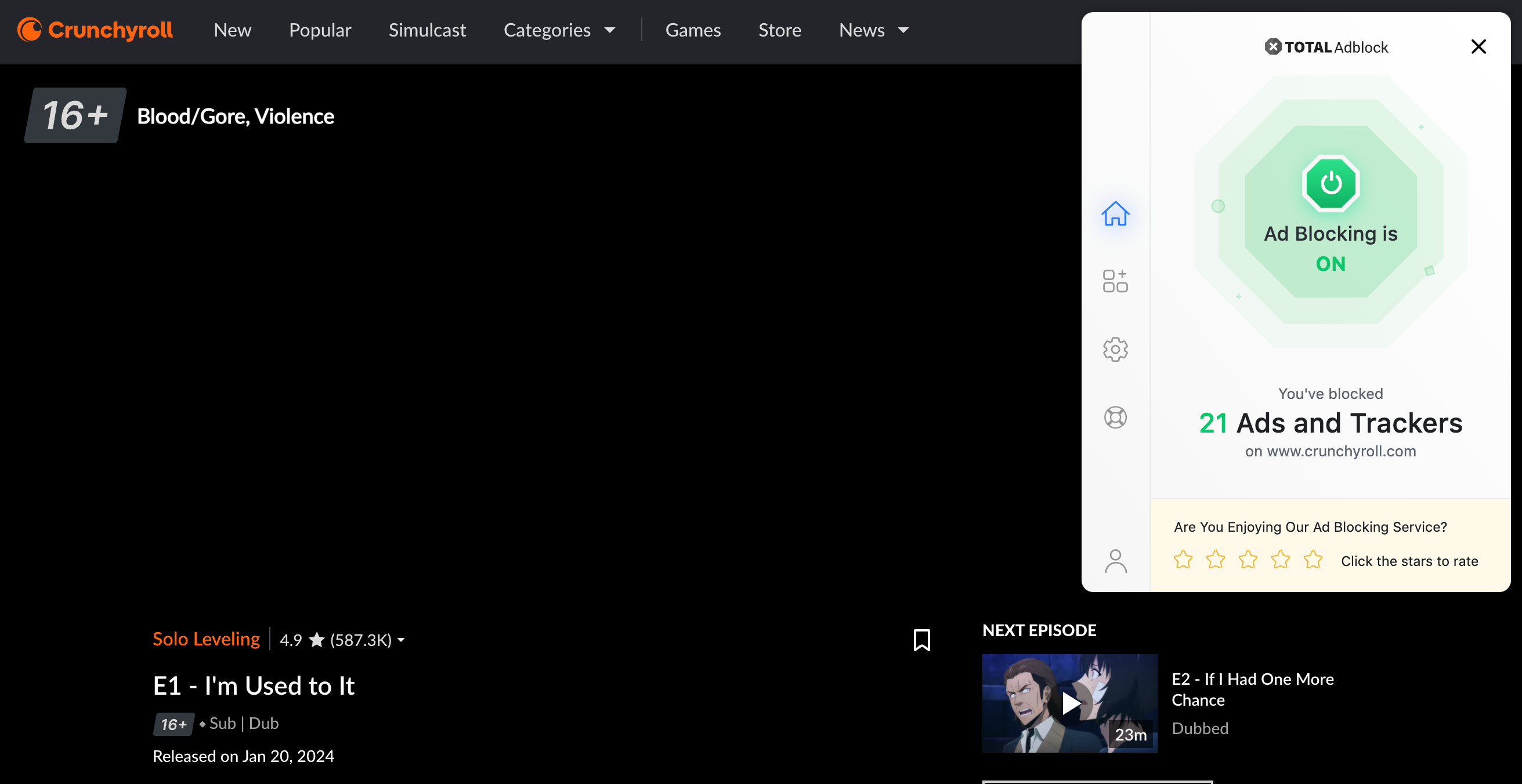Due to Crunchyroll’s coding, screenshots of active programming display as black. We were able to watch this episode for free without an account and without ads.