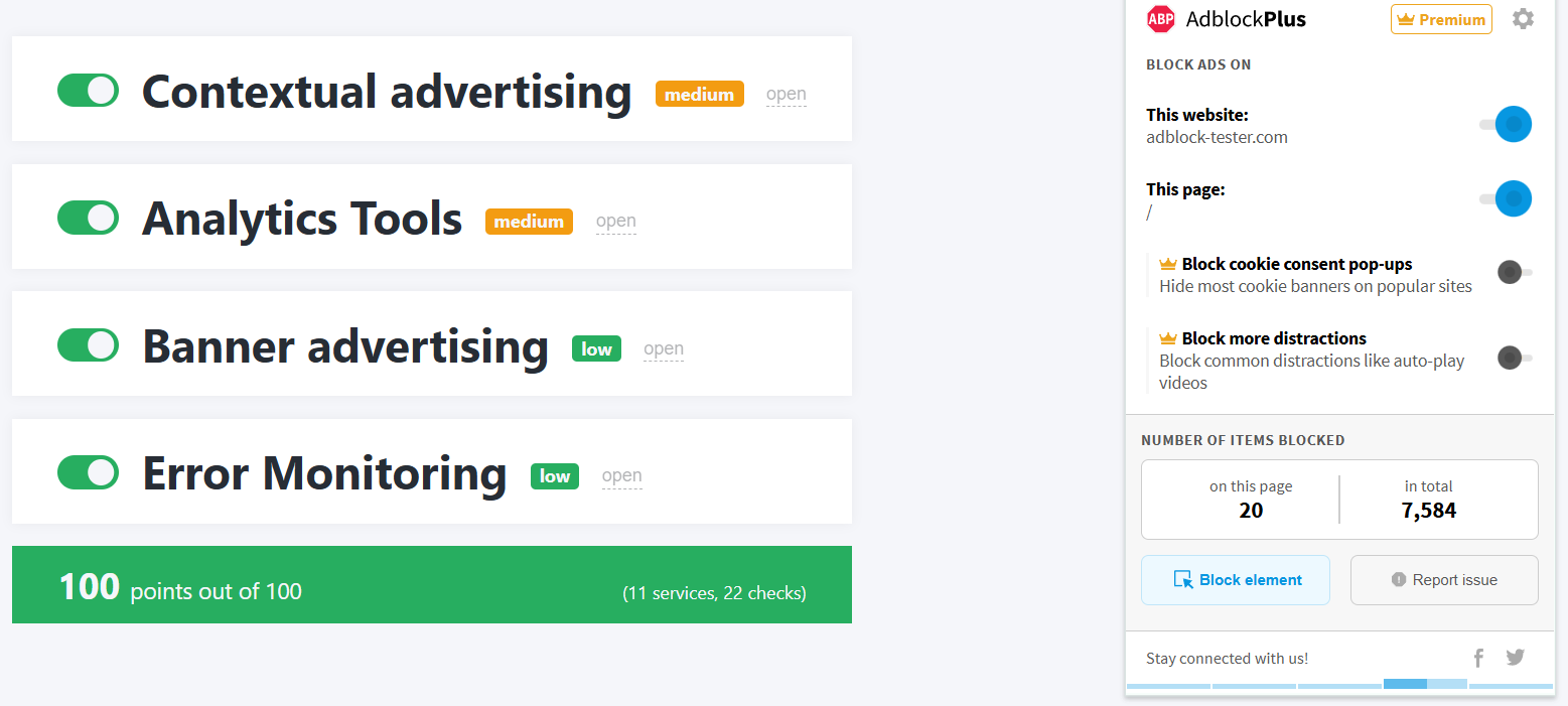 Adblock Plus's AdBlock Tester results (100/100)